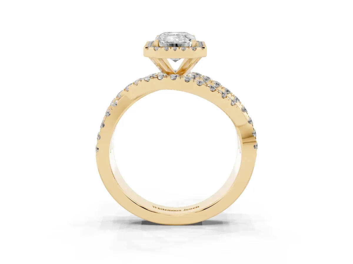 Emerald Cut Diamond Halo Ring with Round Split Shank and Prong Setting Yellow gold