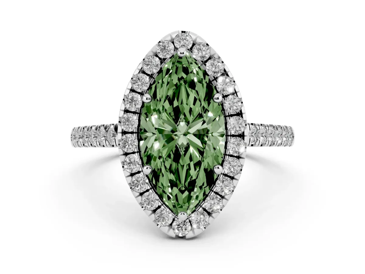 Fancy Green Marquise Cut Halo Pavé Diamond Engagement Ring with Four-Prong Setting Silver