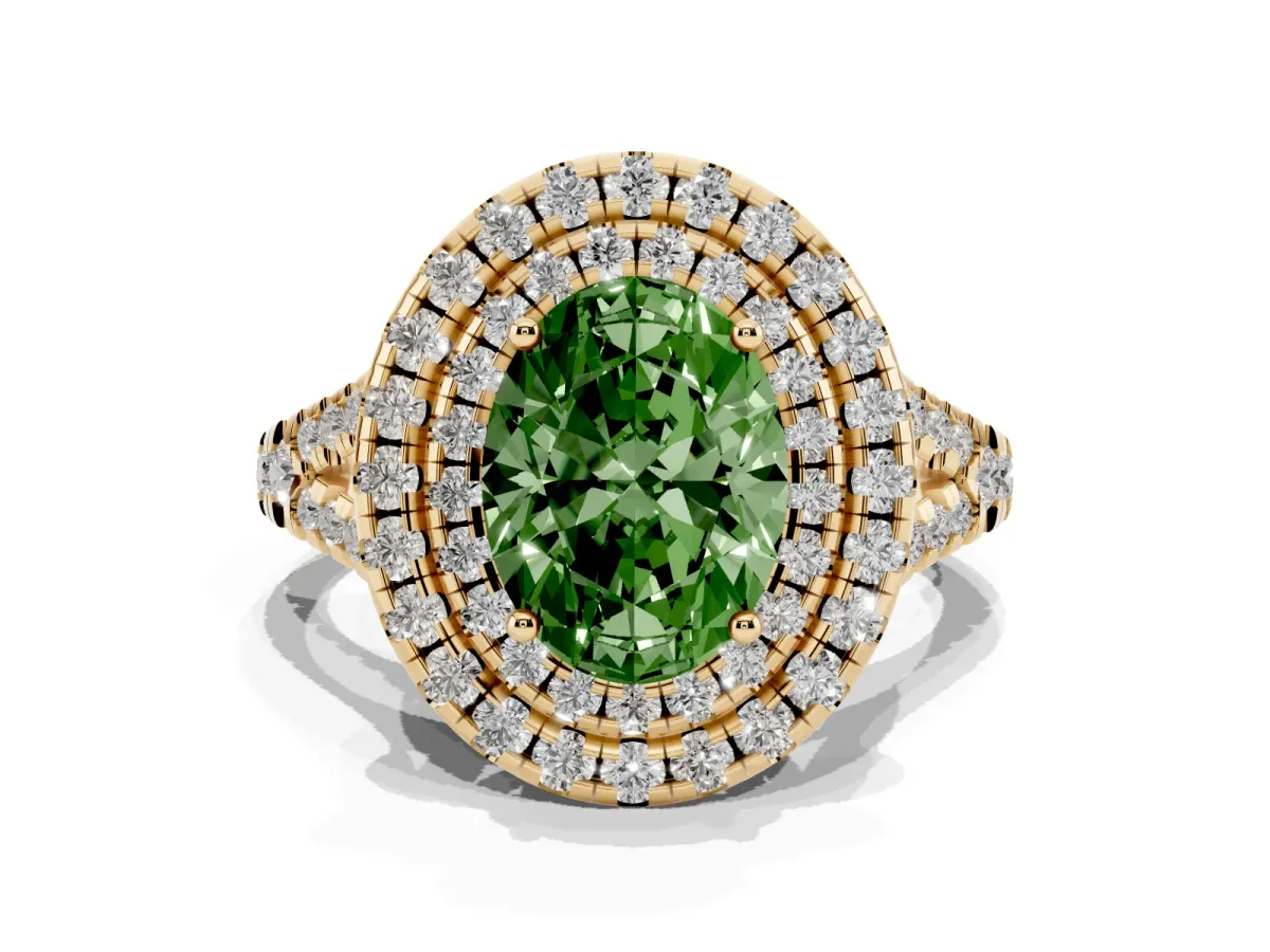Fancy Green Double Halo Oval Cut Diamond Pavé Split Shank Ring with Prong Setting Yellow gold