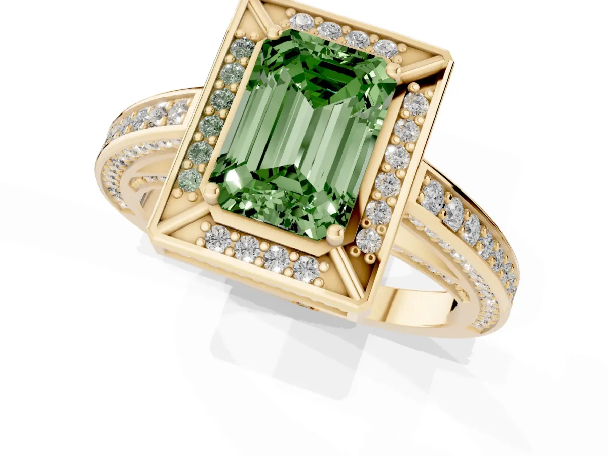 Fancy Green Emerald Cut Cut Halo Pave Split Shank Prong Setting Ring Yellow gold