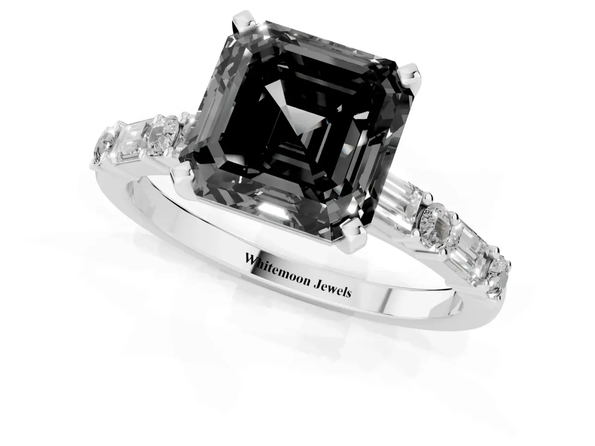 Fancy Black Asscher Cut Diamond Solitaire with Side Baguettes and Channel Set Band Silver