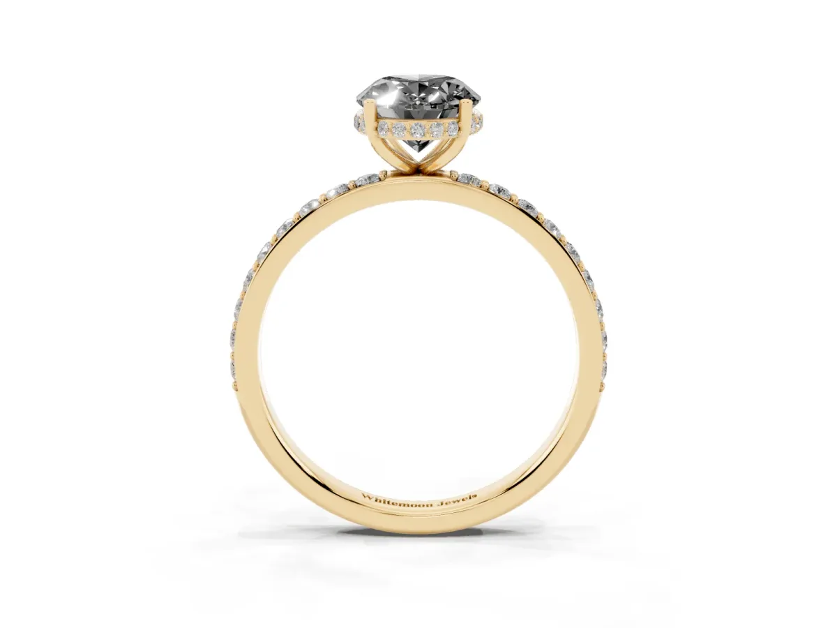 Fancy Black Oval Cut Diamond Solitaire Ring with Pavé Band and Hidden Halo Yellow gold