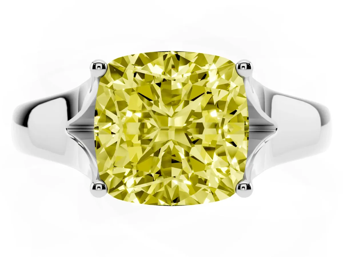 Fancy Yellow Cushion Cut Solitaire Diamond Ring with Cathedral Band and Four-Prong Setting Silver
