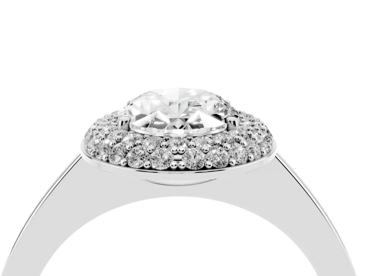 Oval Cut Halo Diamond Engagement Ring with Solitaire Band and Four-Prong Setting Silver