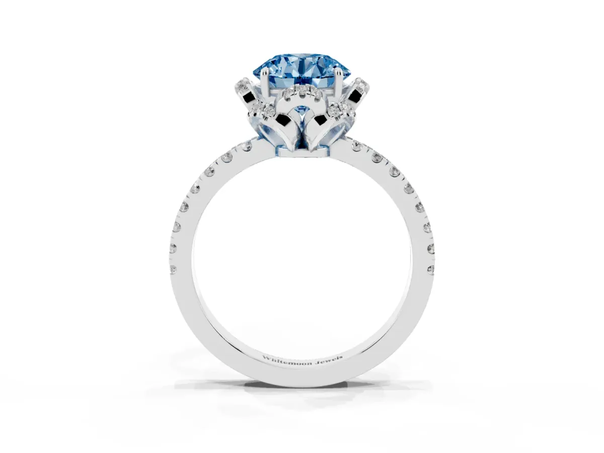 Fancy Blue Round Cut Diamond Halo Pave Band with Four-Prong Setting White gold