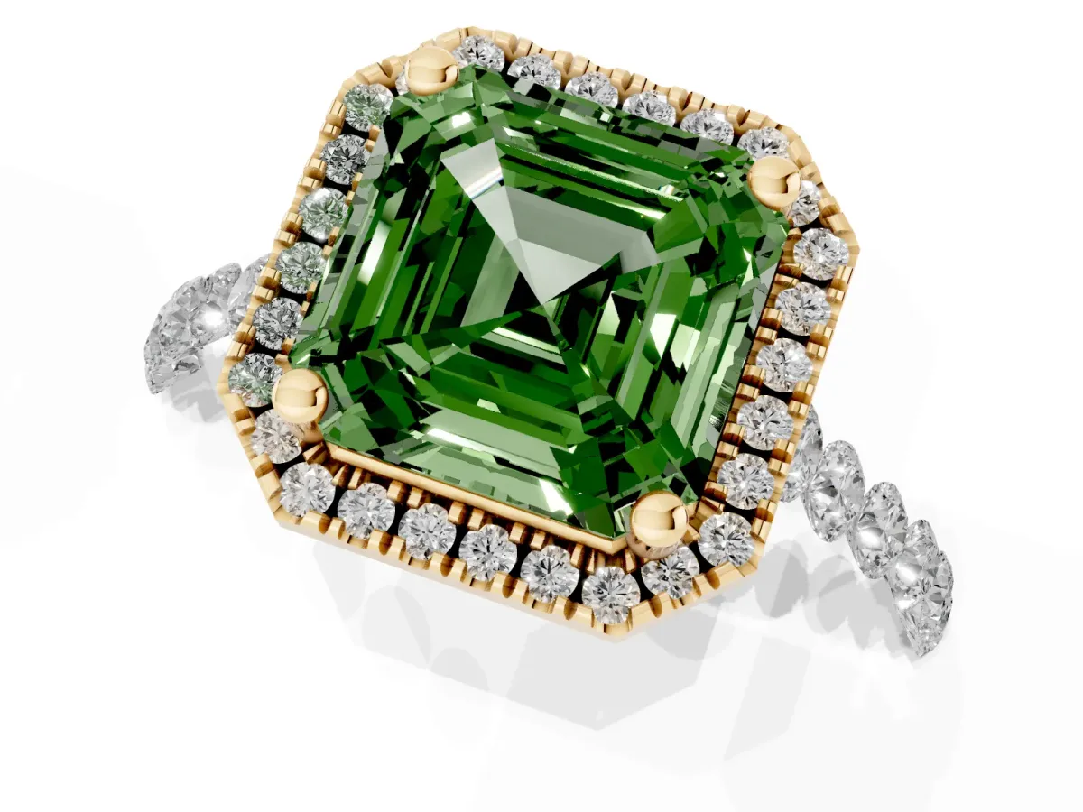 Fancy Green Asscher Cut Halo Pavé Diamond Engagement Ring with Four-Prong Setting Yellow gold