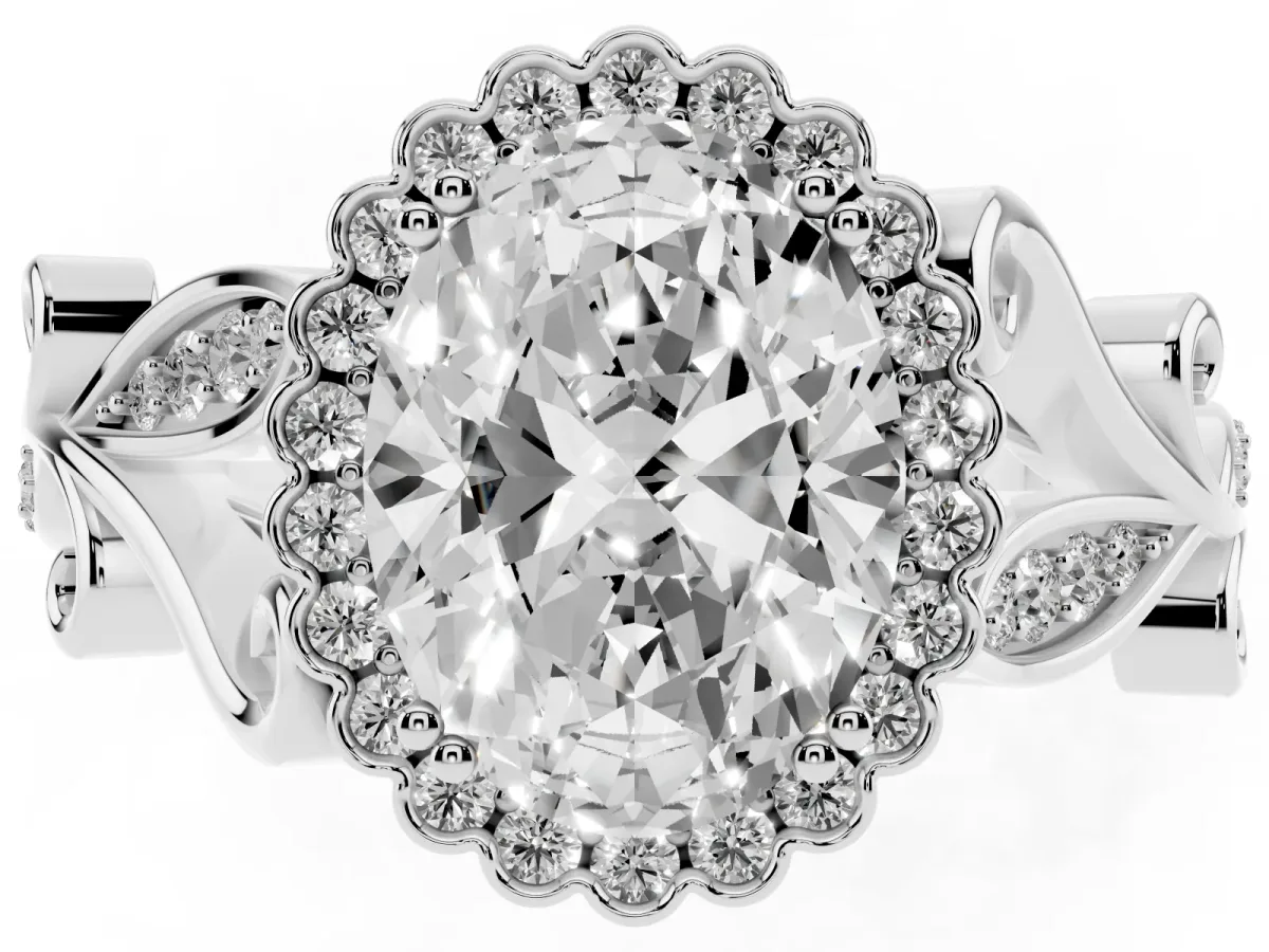 Oval Cut Diamond Halo Ring with Vintage Split Shank and Four-Prong Setting Silver