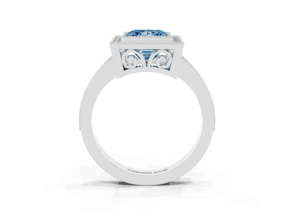 Fancy Blue Princess Cut Cut Halo Diamond Ring with Pavé Band and Milgrain Prong Setting Platinum