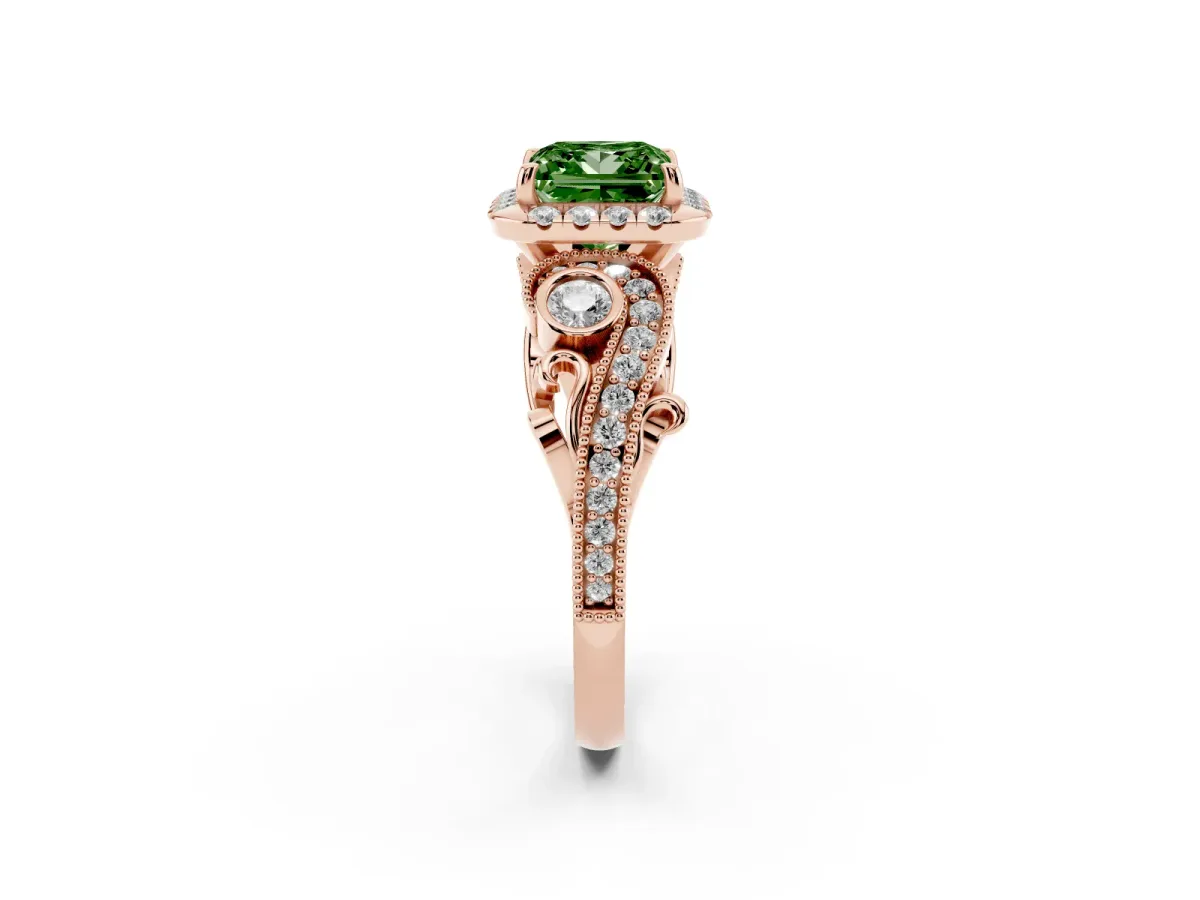 Fancy Green Princess Cut Diamond Halo Ring with Milgrain Pavé Band and Four-Prong Setting Rose gold