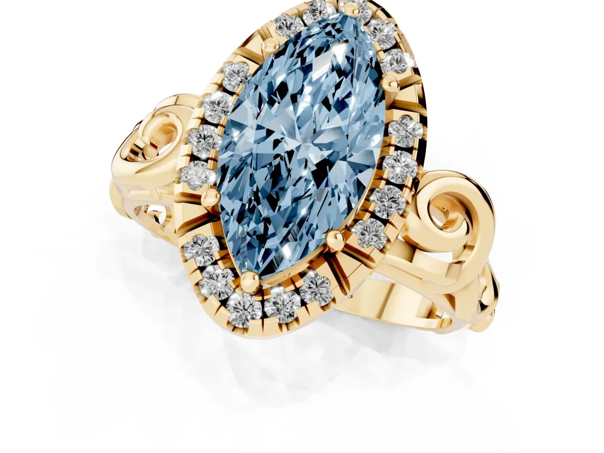 Fancy Blue Marquise Cut Cut Halo Diamond Ring with Scrollwork Band and Four-Prong Setting Yellow gold