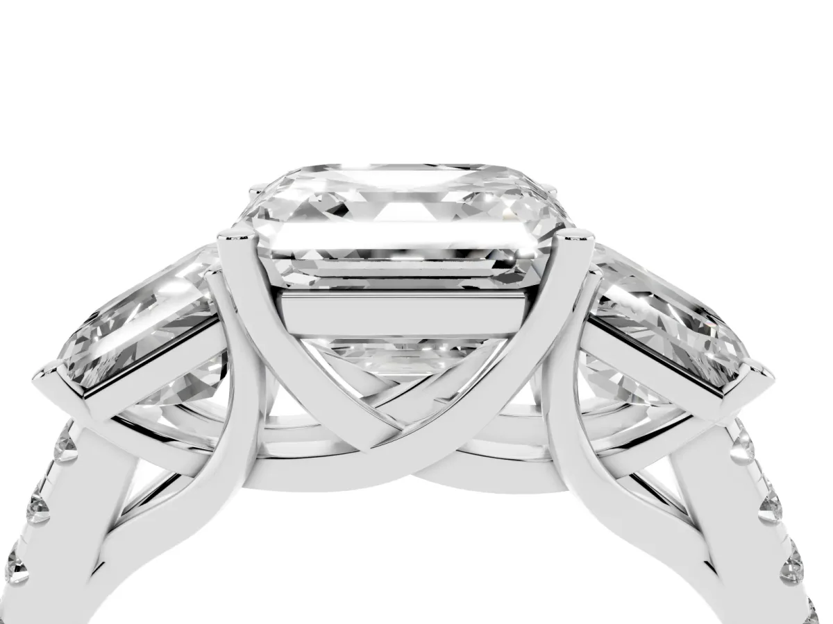 Three-Stone Asscher Cut Diamond Ring with Round Pavé Band and Prong Setting Silver