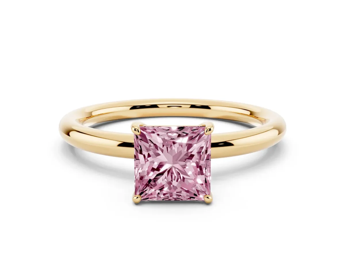 Fancy Pink Princess Cut Solitaire Diamond Ring with Four-Prong Setting on a Plain Band Yellow gold