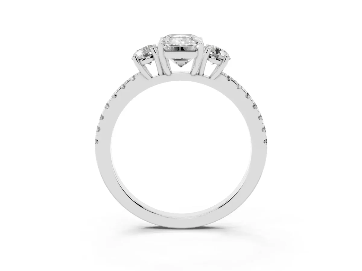 Three-Stone Emerald Cut Cut Diamond Pavé Band with Prong Setting Silver