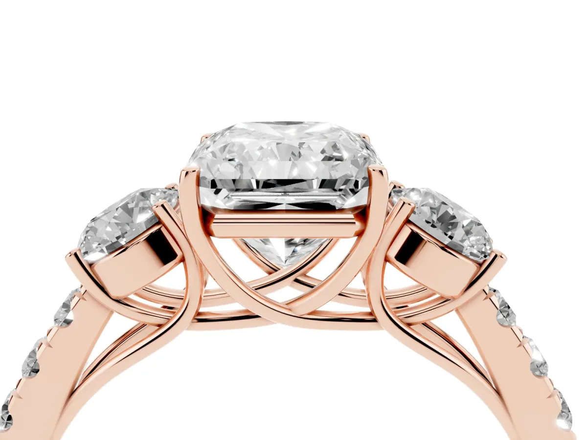 Radiant Cut Cut Diamond Three-Stone Ring with Round Side Stones and Pavé Band Rose gold