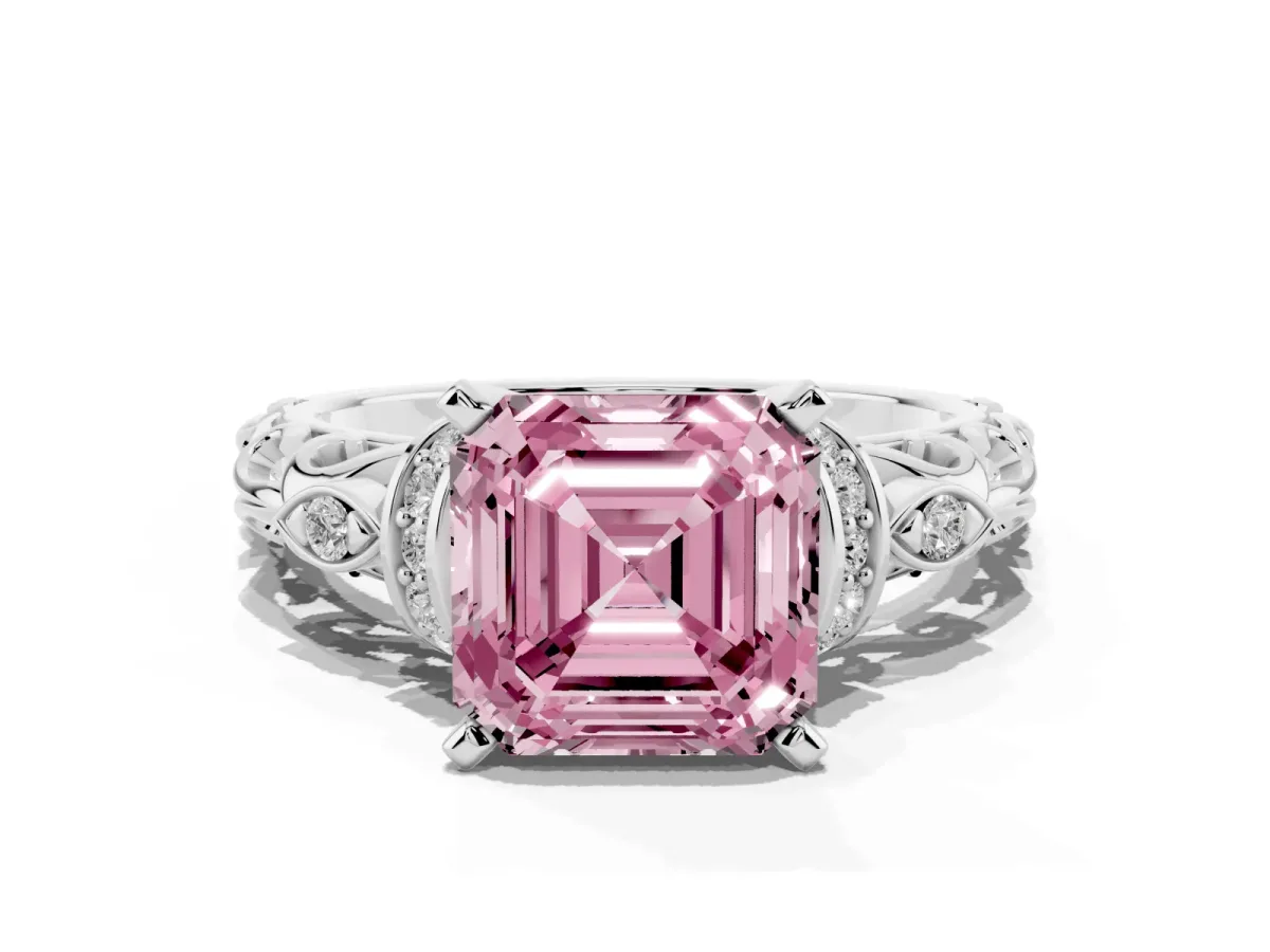 Fancy Pink Asscher Cut Diamond Solitaire Ring with Filigree Band and Four-Prong Setting Silver