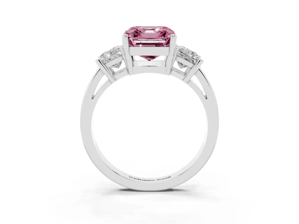 Fancy Pink Three-Stone Asscher Cut Cut Solitaire Ring with Prong Setting Silver