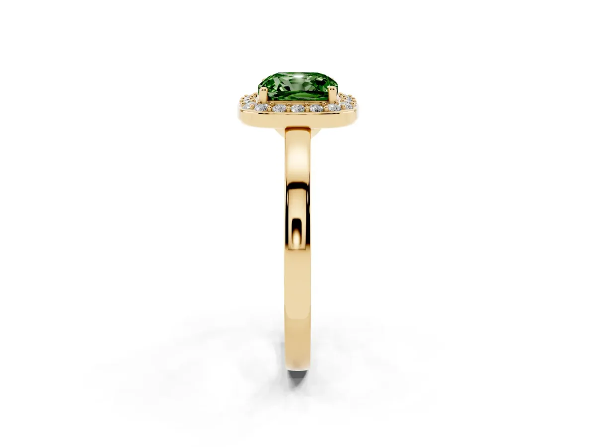Fancy Green Cushion Cut Halo Diamond Ring with Solitaire Band and Prong Setting Yellow gold