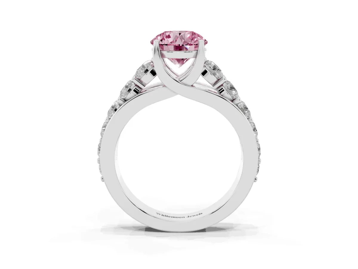 Fancy Pink Round Cut Diamond Engagement Ring with Pavé Band and Four-Prong Setting Platinum