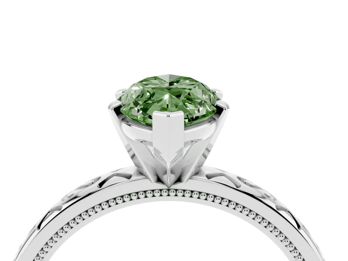 Fancy Green Marquise Cut Solitaire Engagement Ring with Scrollwork Band and Four-Prong Setting Silver
