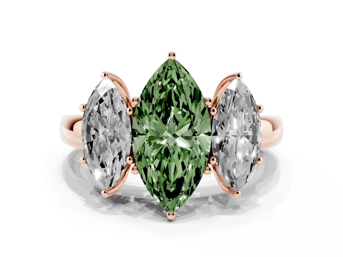 Fancy Green Marquise Cut Diamond Three-Stone Ring with Four-Prong Setting and Classic Band Rose gold