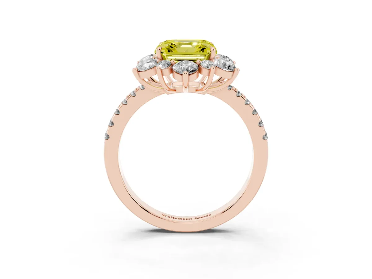 Fancy Yellow Asscher Cut Diamond Floral Halo Ring with Round Pavé Band and Prong Setting Rose gold