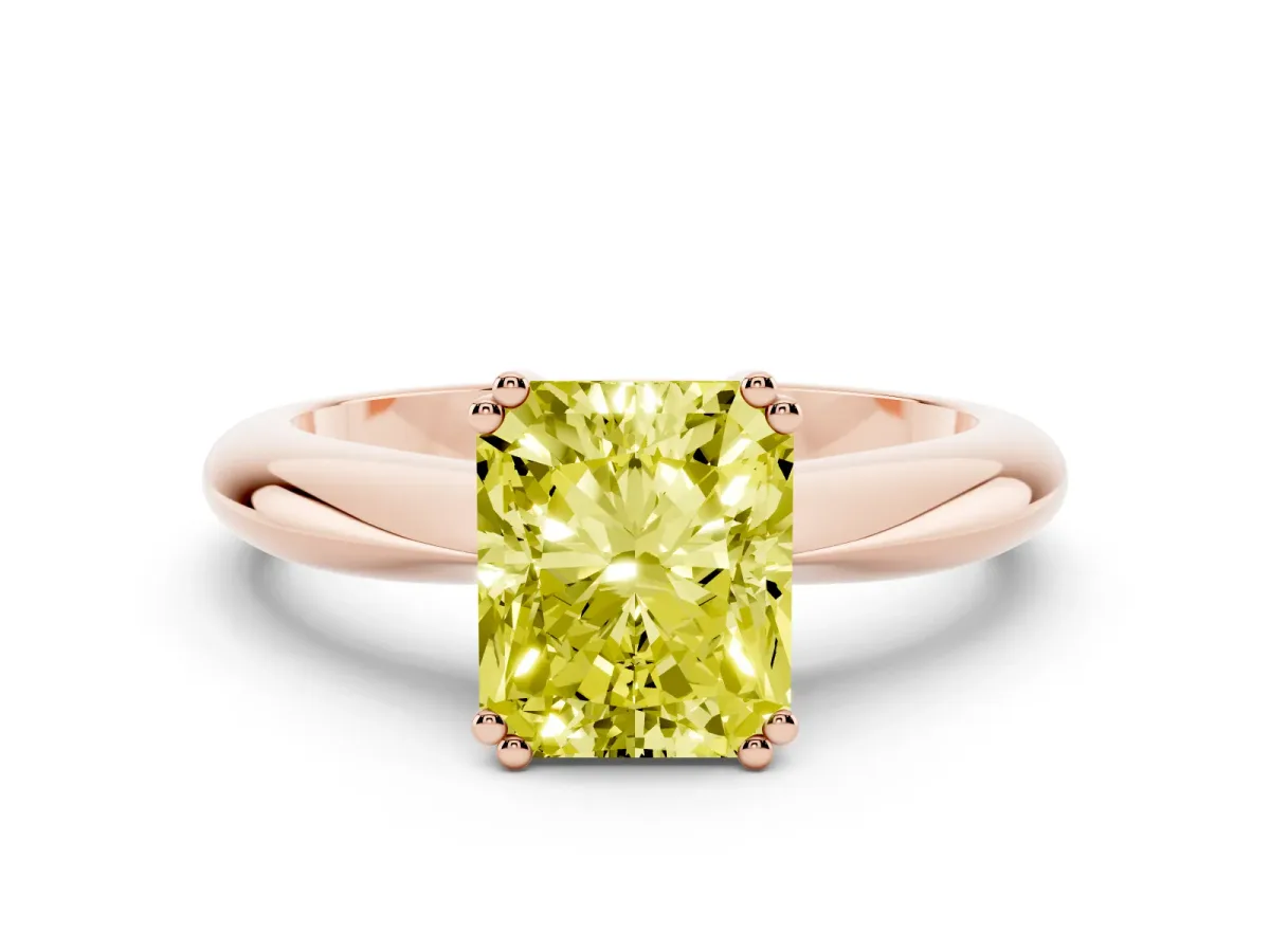 Fancy Yellow Radiant Cut Cut Solitaire Engagement Ring with Tapered Band and Four-Prong Setting Rose gold