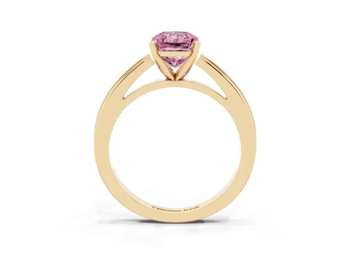 Fancy Pink Radiant Cut Solitaire Diamond Ring with Four-Prong Setting and Classic Band Yellow gold