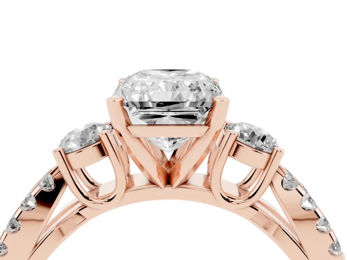 Radiant Cut Diamond Three-Stone Ring with Pavé Split Shank and Four-Prong Setting Rose gold