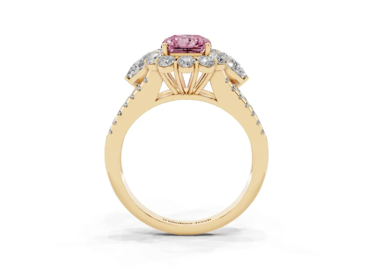 Fancy Pink Radiant Cut Halo Split Shank Diamond Engagement Ring with Prong Setting Yellow gold