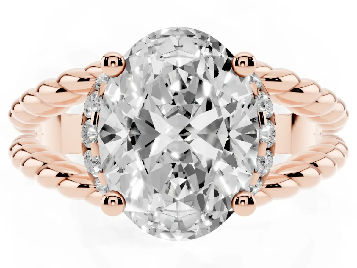 Oval Cut Halo Twisted Band Four-Prong Ring Rose gold