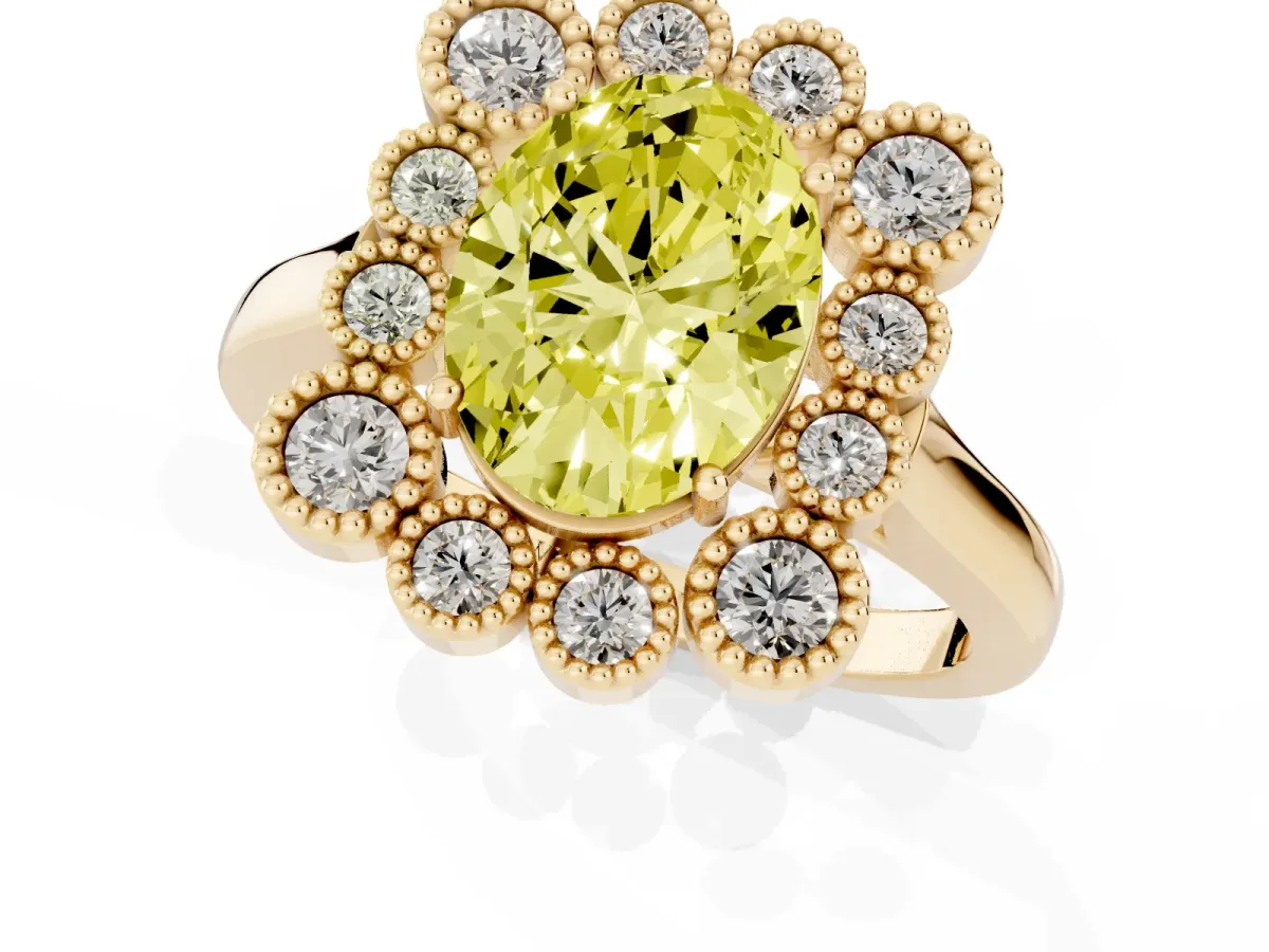 Fancy Yellow Oval Cut Halo Diamond Cluster Engagement Ring with Milgrain Bezel Setting and Solitaire Band Yellow gold