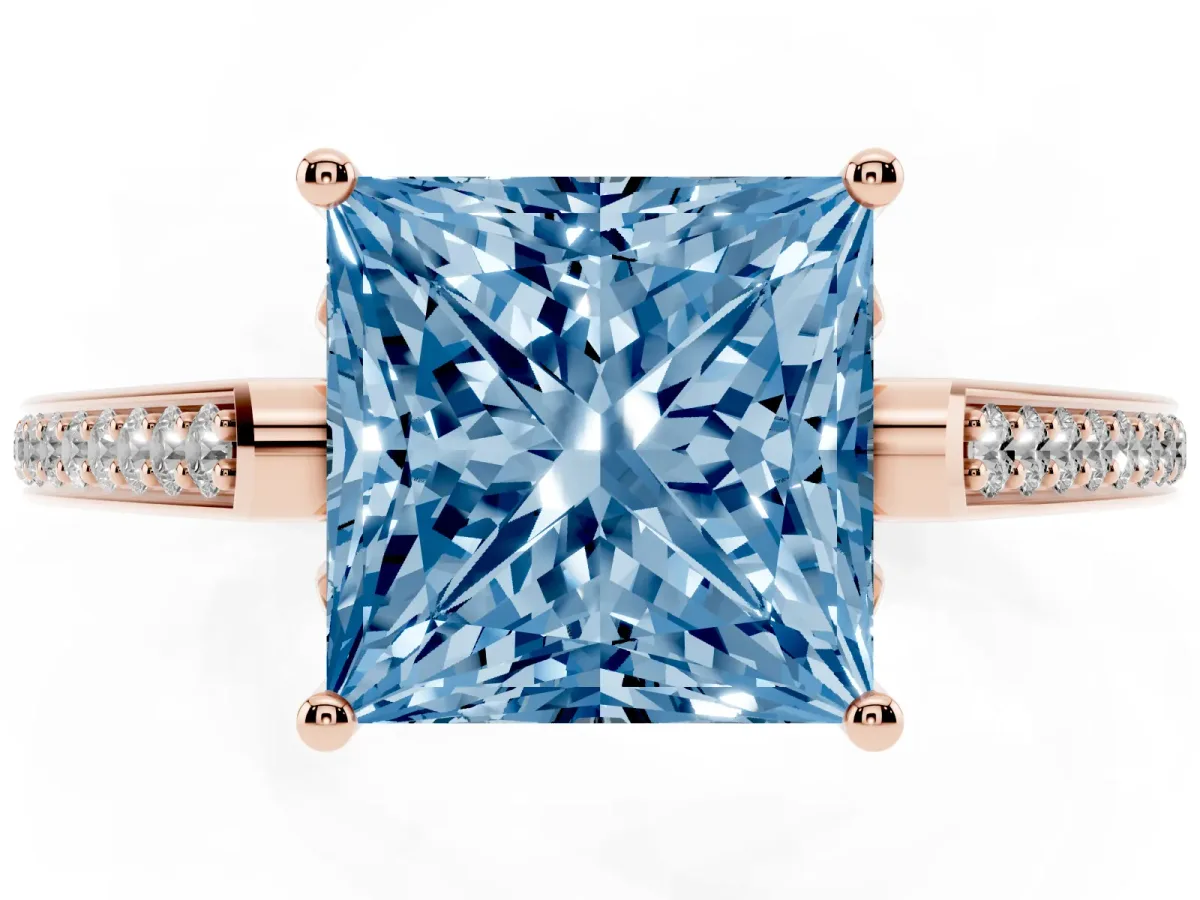 Fancy Blue Princess Cut Cut Cathedral Pave Diamond Engagement Ring with Six-Prong Setting Rose gold