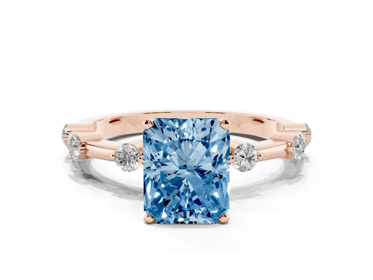 Fancy Blue Radiant Cut Solitaire Diamond Ring with Bezel Set Side Stones and Prong Setting Rose gold