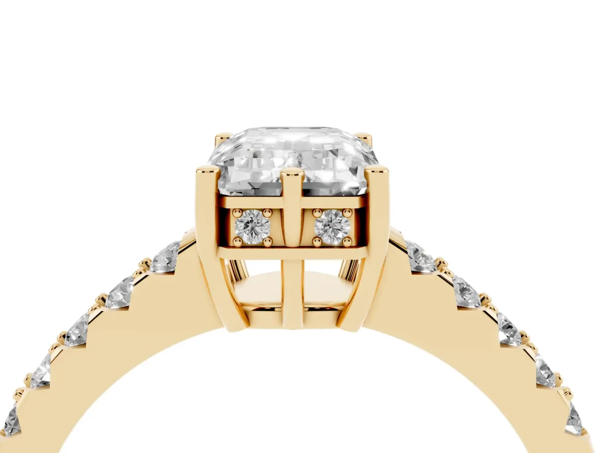Emerald Cut Solitaire Diamond Engagement Ring with Pavé Band and Six-Prong Setting Yellow gold
