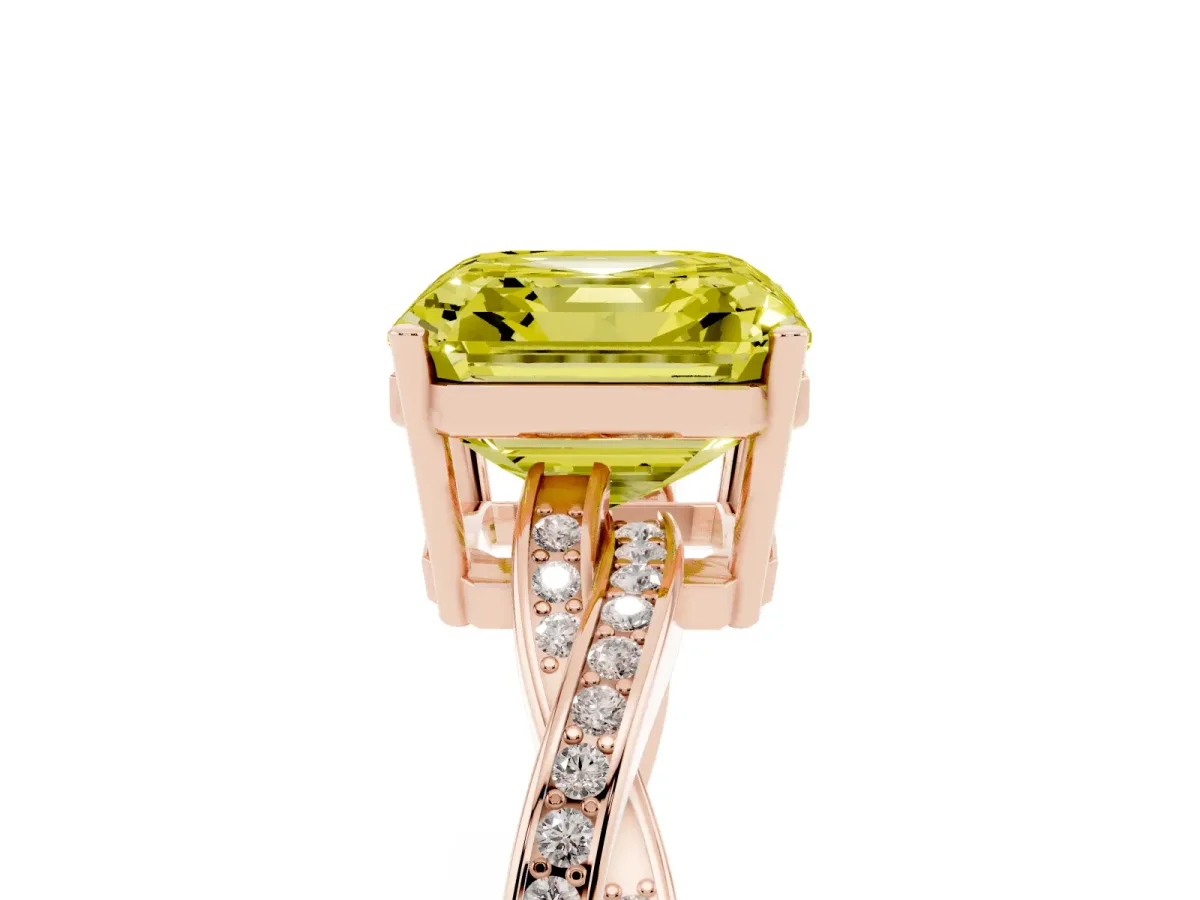 Fancy Yellow Asscher Cut Solitaire Twisted Pave Diamond Ring with Four-Prong Setting Rose gold