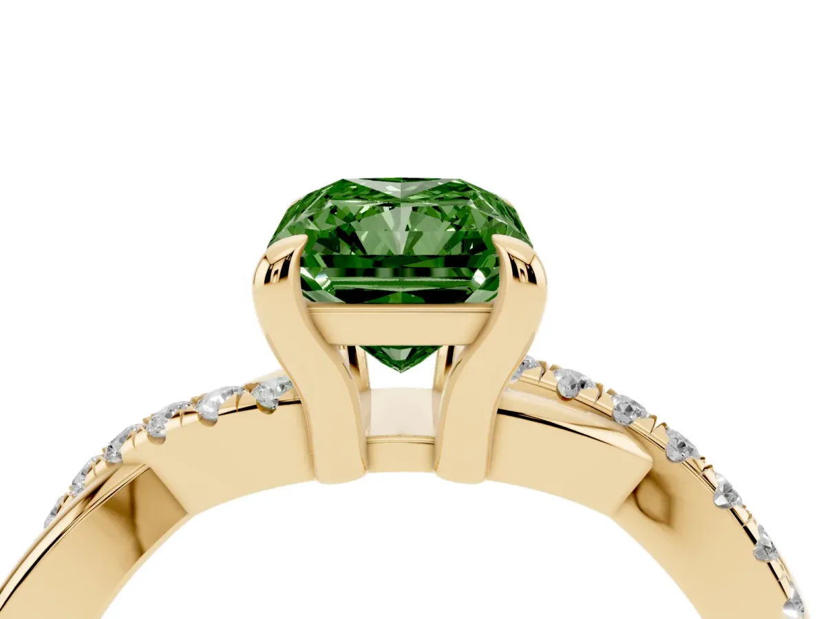 Fancy Green Radiant Cut Cut Diamond Twist Band Solitaire with Prong Setting Yellow gold