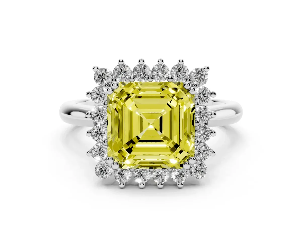Fancy Yellow Asscher Cut Cut Diamond Halo Ring with Solitaire Band and Prong Setting White gold