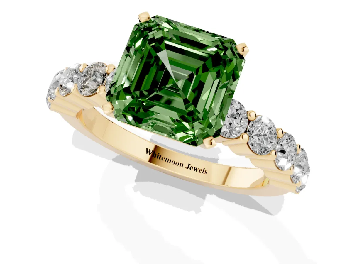 Fancy Green Asscher Cut Diamond Solitaire Ring with Shared Prong Round Side Stones Yellow gold