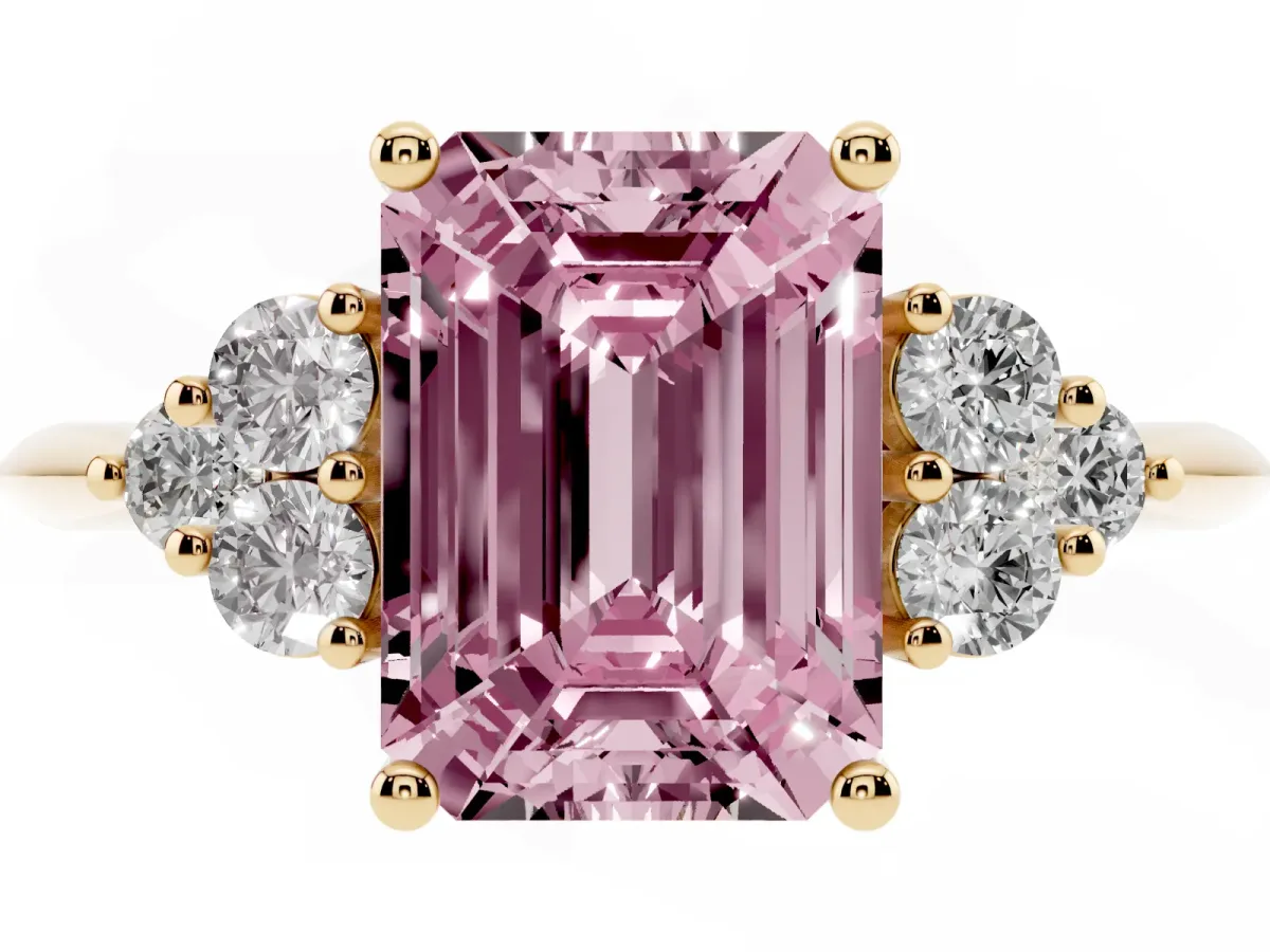 Fancy Pink Emerald Cut Cut Diamond Cluster Ring with Solitaire Band and Four-Prong Setting Yellow gold
