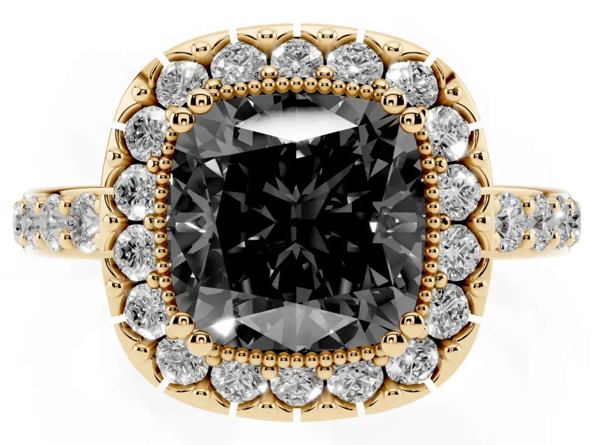 Fancy Black Cushion Cut Diamond Halo Ring with Pavé Band and Prong Setting Yellow gold
