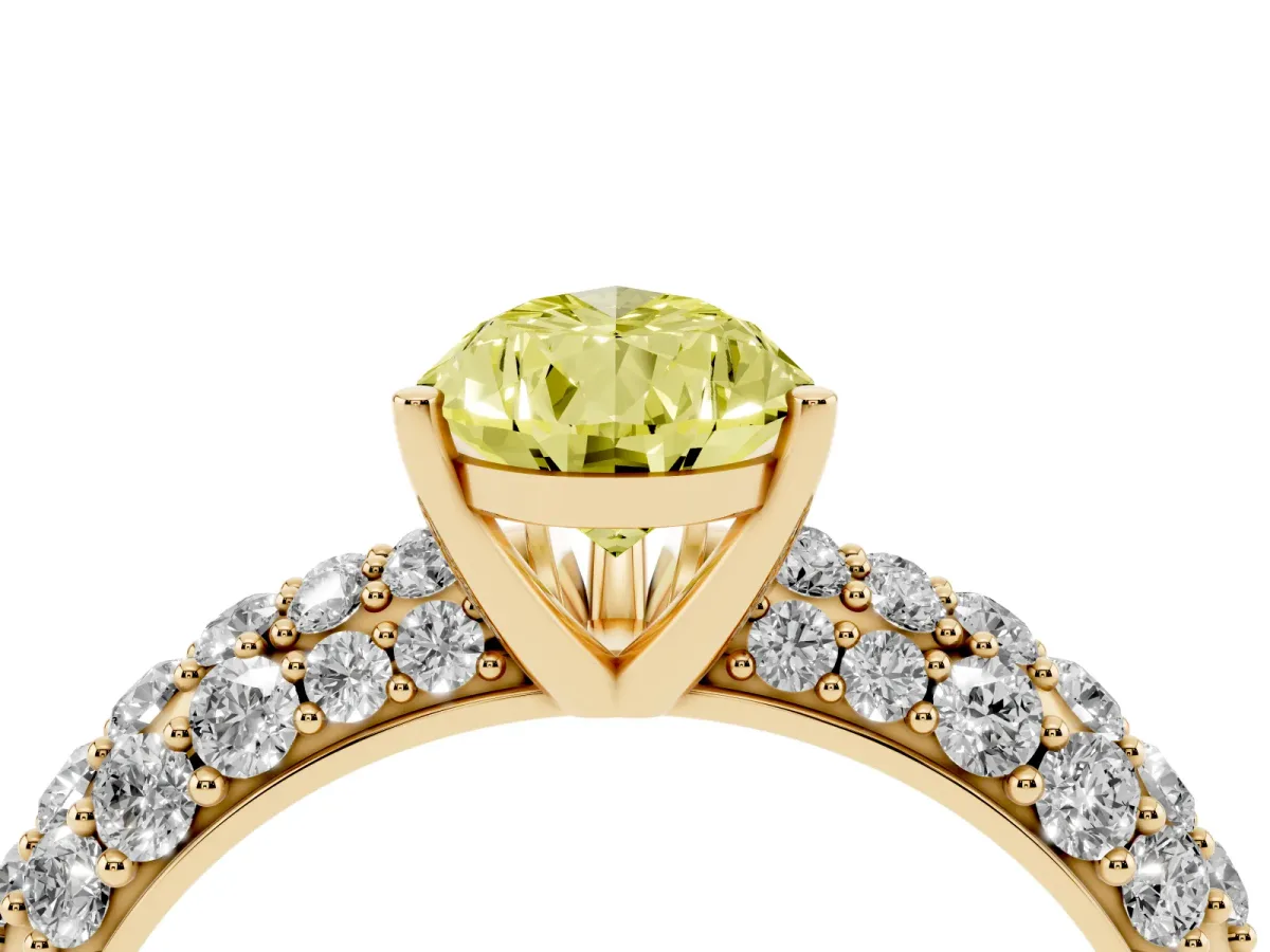 Fancy Yellow Pear Cut Diamond Pavé Band Solitaire Ring with Four-Prong Setting Yellow gold