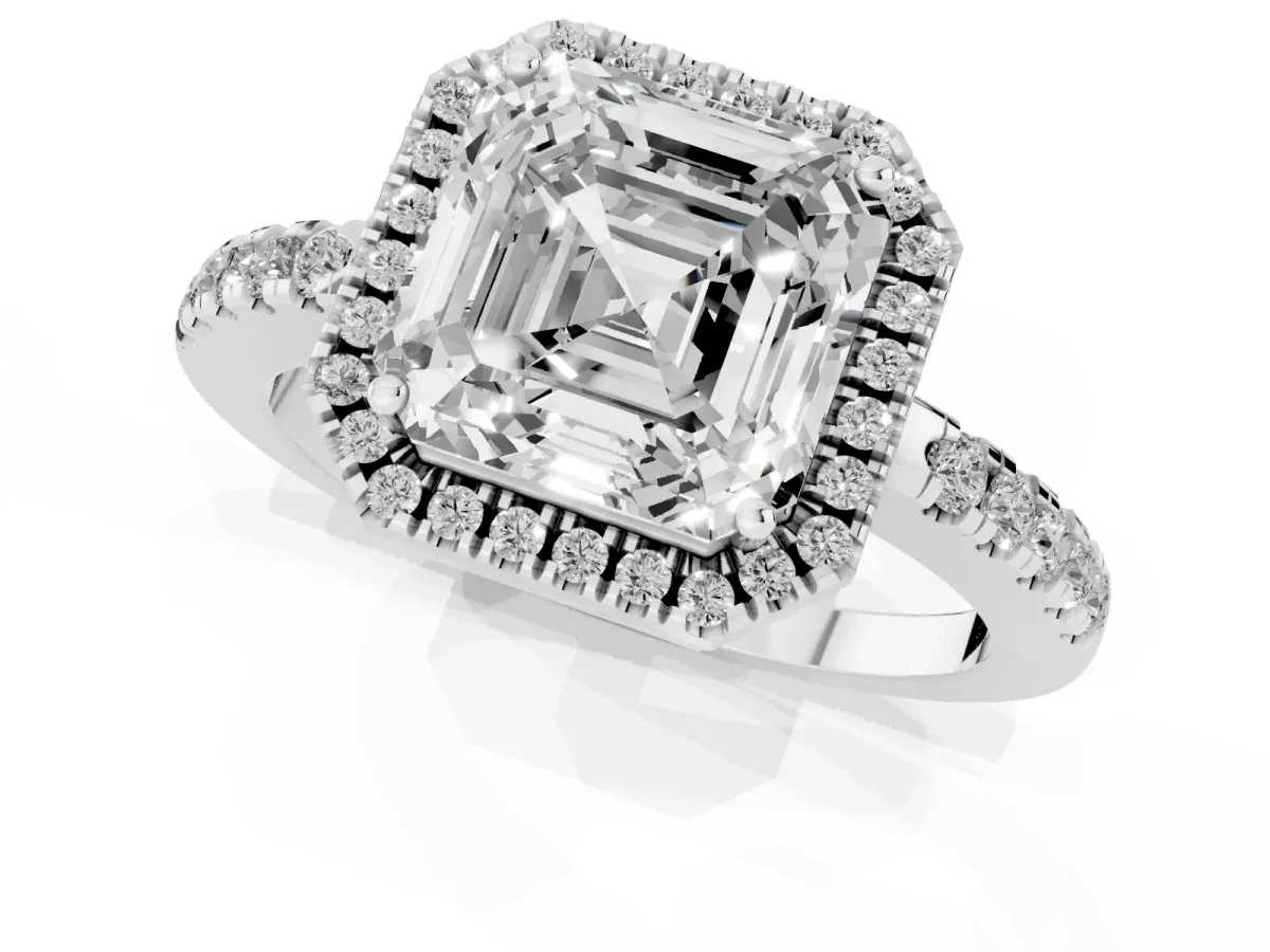 Asscher Cut Halo Diamond Engagement Ring with Pavé Band and Four-Prong Setting Silver
