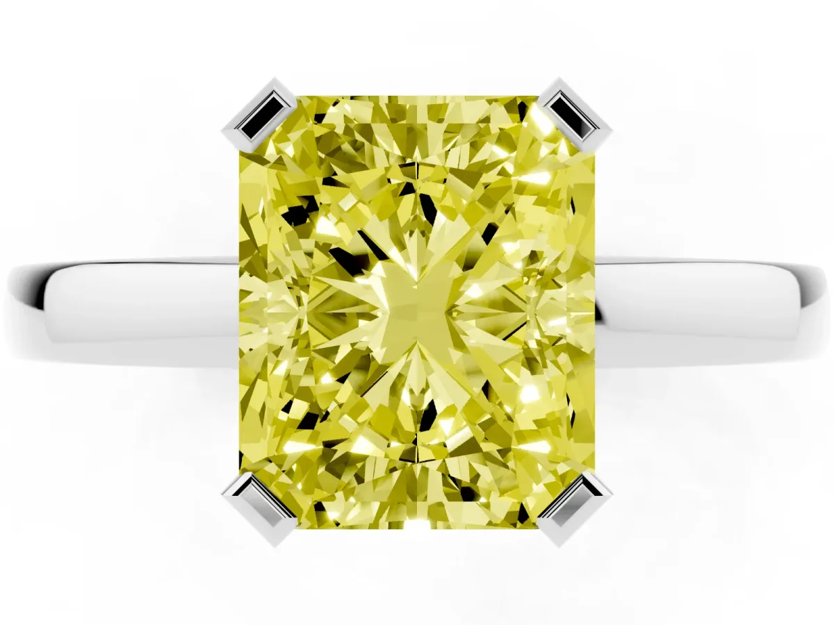 Fancy Yellow Radiant Cut Cut Solitaire Ring with Four-Prong Setting and Classic Band Silver