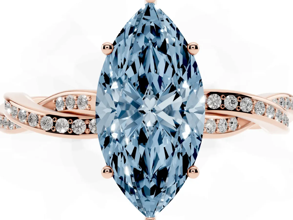 Fancy Blue Marquise Cut Solitaire Twisted Pave Diamond Ring with Four-Prong Setting Rose gold