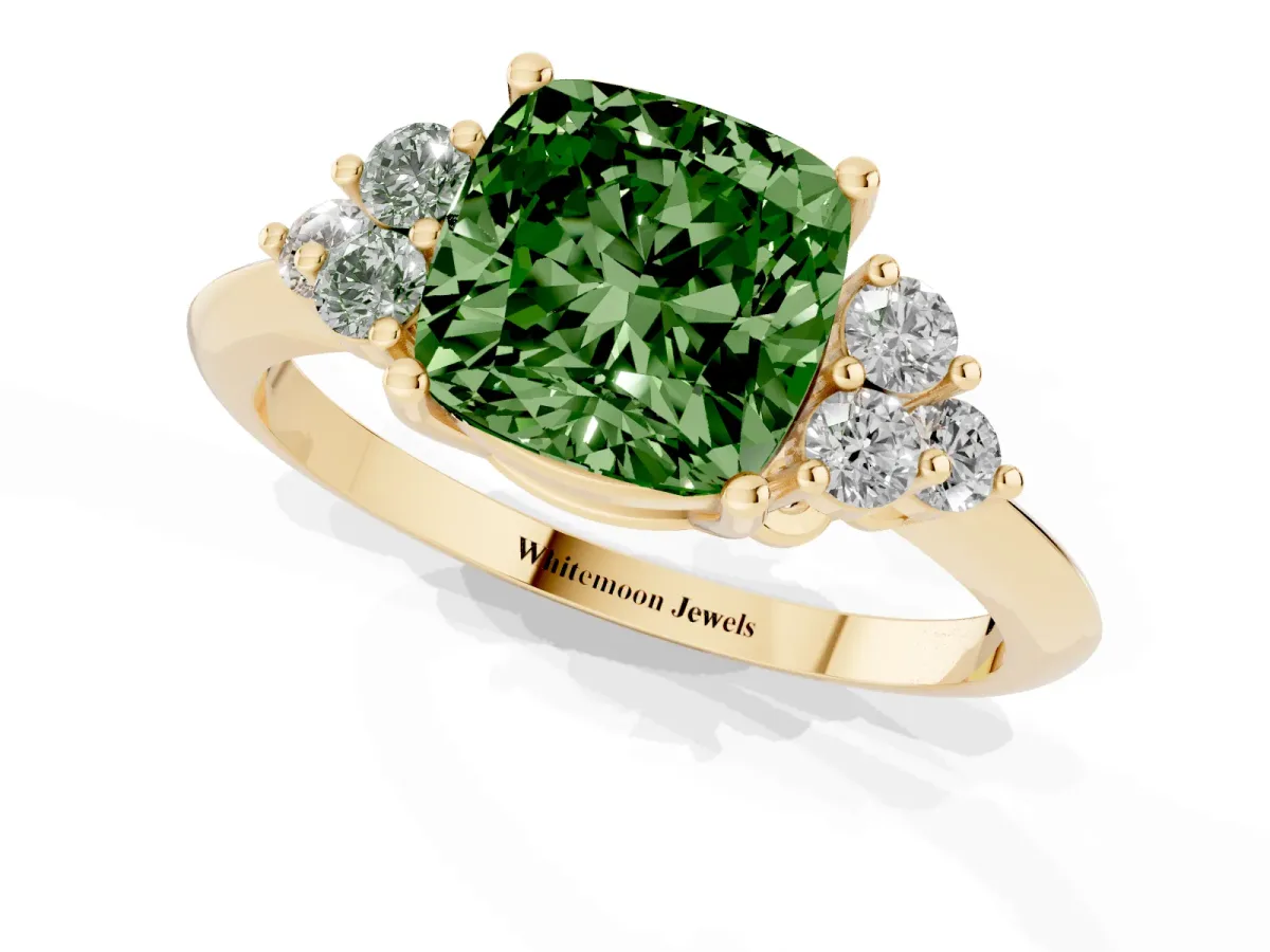 Fancy Green Cushion Cut Cut Diamond Cluster Ring with Solitaire Band and Four-Prong Setting Yellow gold