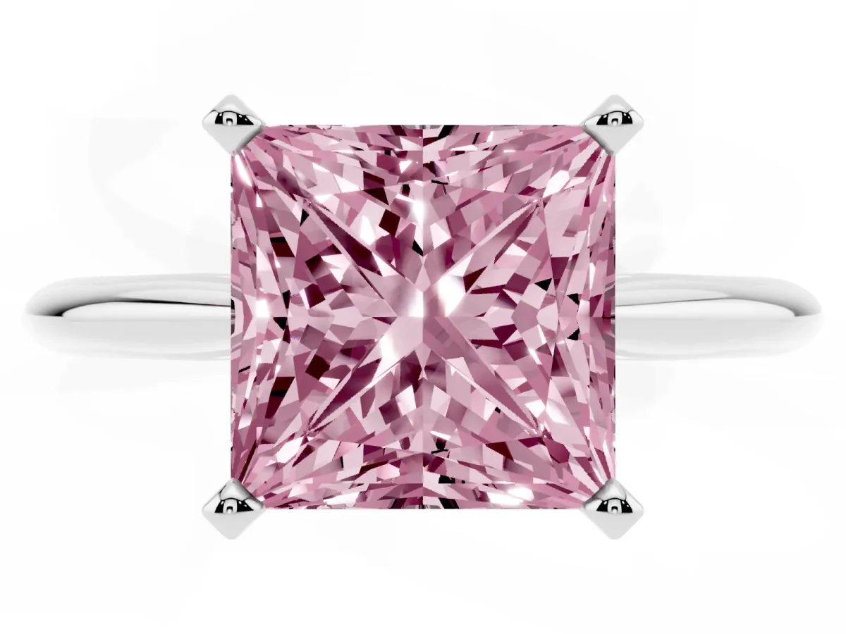 Fancy Pink Princess Cut Cut Solitaire Ring with Four-Prong Setting on a Classic Band Silver