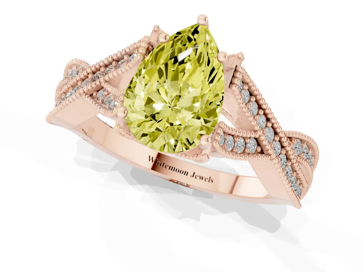 Fancy Yellow Pear Cut Cut Diamond Twisted Band with Milgrain Pave Setting and Four-Prong Setting Rose gold