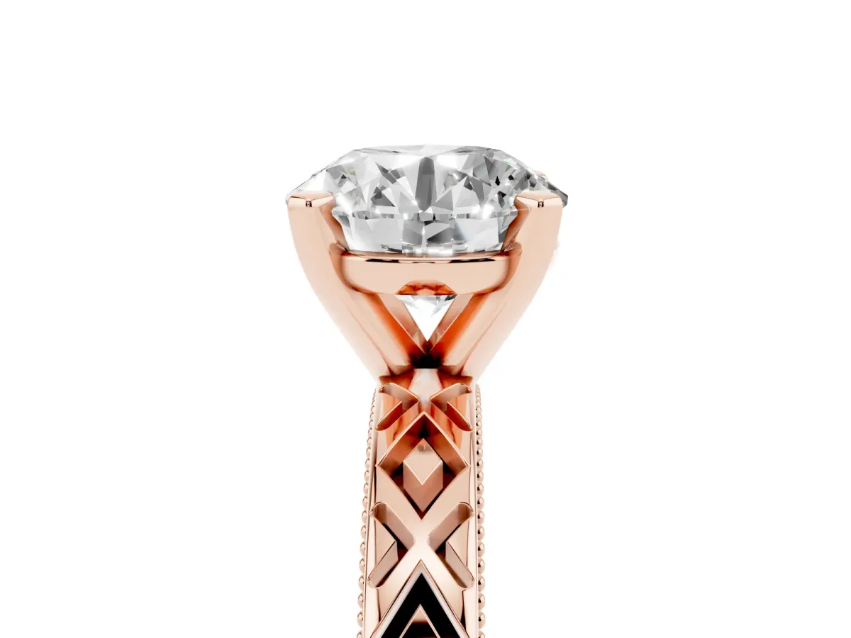 Round Cut Solitaire Diamond Ring with Milgrain and Black Enamel X Pattern Band Rose gold
