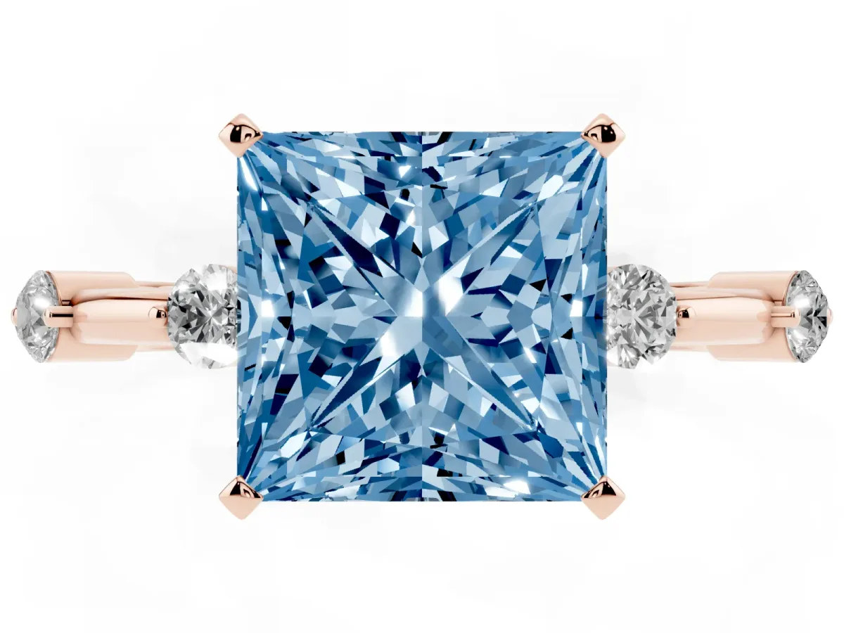 Fancy Blue Princess Cut Solitaire Diamond Ring with Bezel Set Side Stones and Prong Setting Rose gold