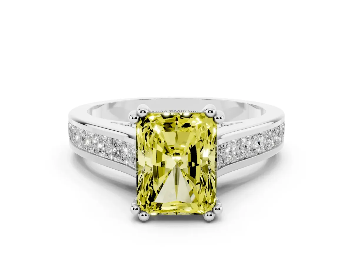 Fancy Yellow Radiant Cut Cut Channel Set Solitaire Engagement Ring with Prong Setting Silver